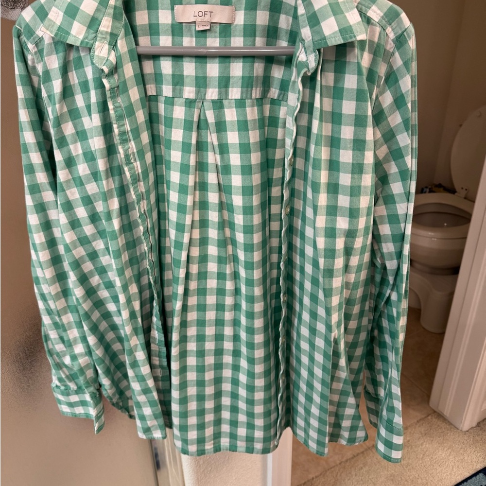 LOFT Green and White Checkered Top
